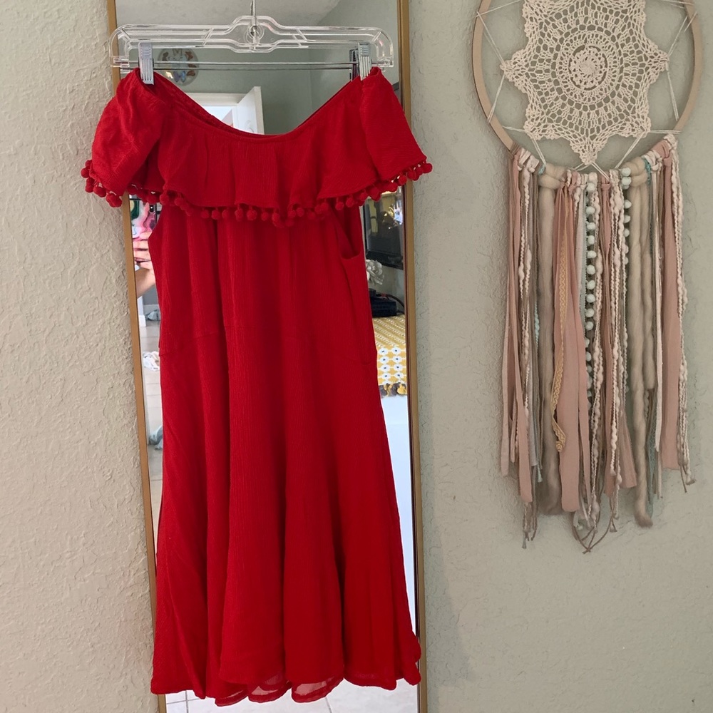 Off the shoulder red Pompom mini dress